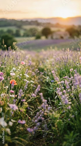 Vibrant Lavender Field With Wildflowers And Rolling Hills At Sunset With Warm Golden Light And Distant Farmhouse