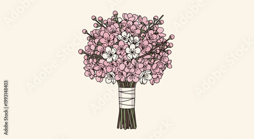 A delicate bouquet of pink and white blossoms with tied stems against a pale backdrop