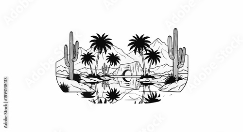 Desert oasis with saguaro cacti, palm trees, mountains, and reflective water