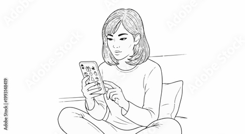 Woman sitting comfortably, engrossed in her phone screen