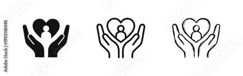 Hands holding heart with person icons set isolated on white background