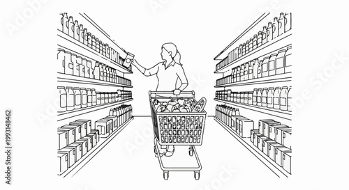 Woman pushing full shopping cart down grocery store aisle lined with shelves