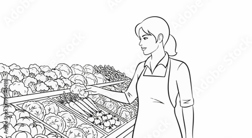 Woman in an apron selects fresh produce from a colorful grocery display