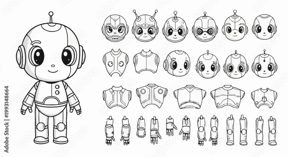 Fototapeta premium Various cartoon robot heads, torsos, and limbs for character customization