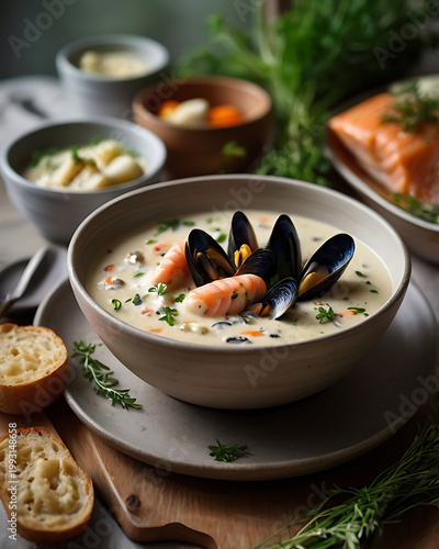 Irish seafood chowder with mussels and salmon, fresh herbs garnish, ceramic bowl, coastal aesthetic, served naturally on rustic ceramic plate. Traditional authentic food of Ireland. Irish northern coa