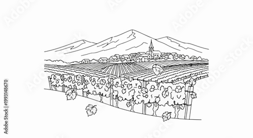 A pastoral village nestles amidst rolling vineyards and mountains