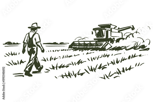 Farmer walking near combine harvester ink sketch vector illustration