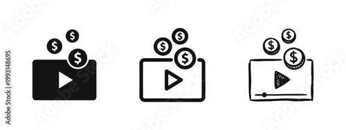 Video monetization icon set with play button and money coins in solid, outline, and hand-drawn styles