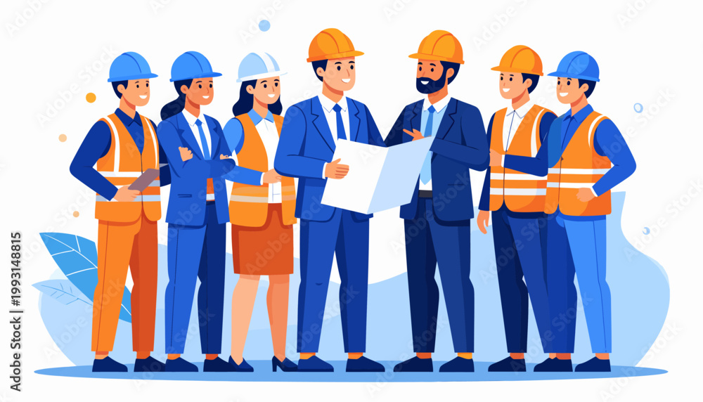 Obraz premium A diverse group of construction workers and architects collaborating on a blueprint project, representing teamwork and professional development in the industry