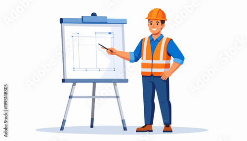Skilled construction worker in protective gear points to architectural blueprint on an easel, clearly demonstrating building project plans and important engineering specifications