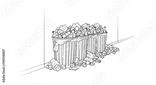 A row of overflowing trash cans with litter scattered around them