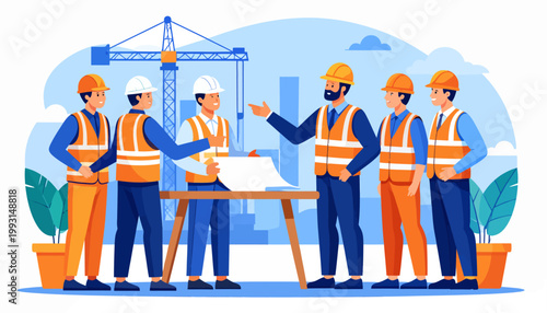 Professional construction team collaborating on site, reviewing blueprints and discussing project development with engineers and workers under a crane