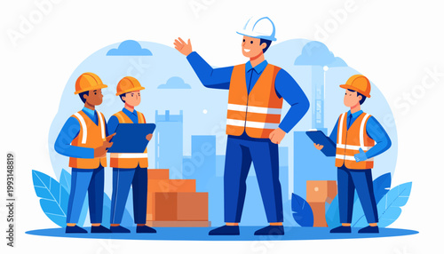 Professional construction manager guiding his team of workers through project details and safety guidelines at a building site, promoting efficient workflow