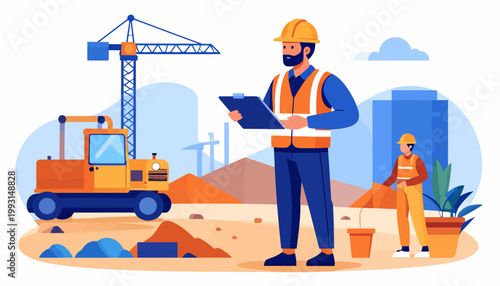 Professional construction site management and urban development project with workers overseeing progress, featuring heavy machinery and active building operations in a modern city setting