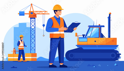 Professional construction engineer supervising site operations with workers and heavy machinery, ensuring safety and project progress in a modern urban development