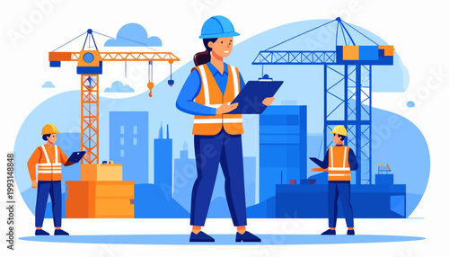 Female engineer supervises construction site operations, managing urban development project with a team of workers ensuring safety and progress, flat illustration