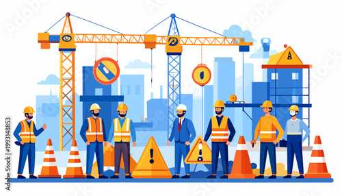 Construction site workers in safety vests and helmets, with cranes and buildings in the background, illustrating industrial development and teamwork