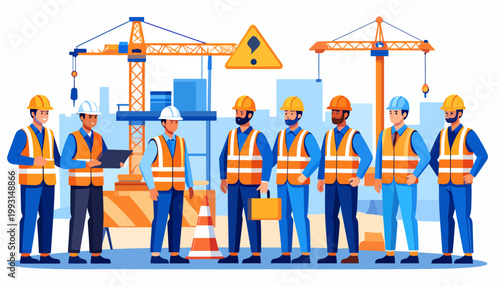 Construction workers standing together wearing hard hats and safety vests with cranes and a caution sign in the background, representing teamwork and a project in progress