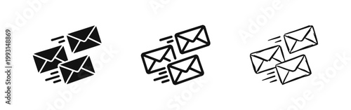 Bulk email sending icon set with multiple envelopes in solid, outline, and doodle styles