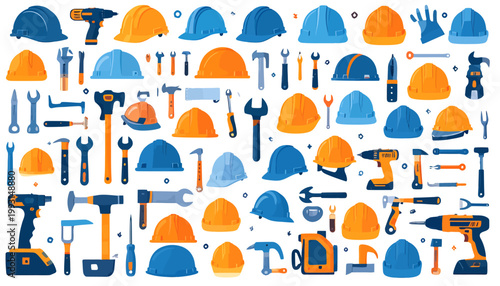 Vibrant collection of essential construction tools and safety gear, hard hats, wrenches, drills, hammers, illustrating core building and industrial work