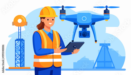 Female engineer operating a modern drone with a tablet for aerial site inspection and data collection, showcasing advanced technology in construction and infrastructure management