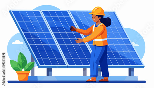 A person in safety vest inspecting solar panels on a sunny day, symbolizing renewable energy and sustainable power generation