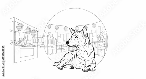 A dog rests at a vibrant outdoor market with lanterns and cityscape background