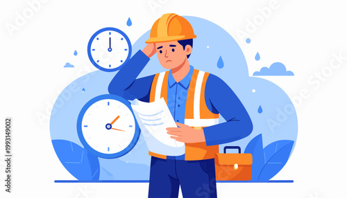 Illustrative depiction of a stressed construction worker under pressure, grappling with project deadlines and challenging job demands in a demanding work environment