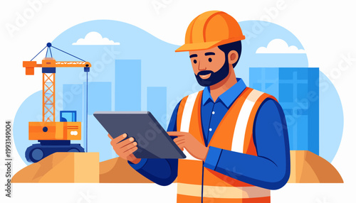 Skilled construction engineer supervising a building site with a digital tablet, ensuring project efficiency and safety in modern development