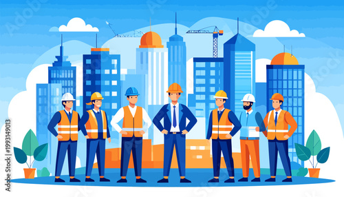 A diverse team of construction professionals and architects standing in front of a modern city skyline, symbolizing urban development and teamwork