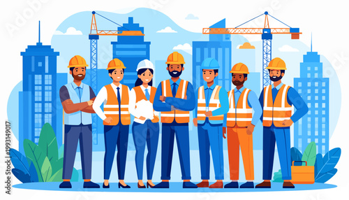 Diverse and dedicated construction crew stands confidently before a modern city skyline, symbolizing teamwork, urban development, and professional expertise in the building industry