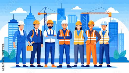 Team of construction workers in safety gear standing in front of a city skyline with cranes and buildings