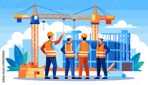 Skilled construction workers collaborating on a dynamic urban development project, overseeing progress at a bustling building site with modern cranes and structures