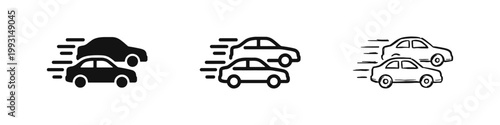 Fast moving car icon set depicting speed and racing in solid, outline, and doodle styles