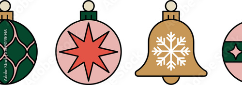 Minimalist Christmas ornaments collection with decorative baubles and bell featuring snowflake and star patterns in a modern vector illustration style