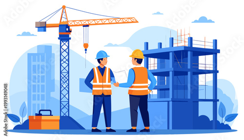 Construction site with two engineers discussing blueprints and a crane in the background