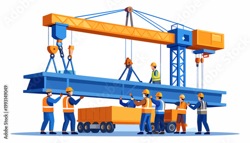 Construction workers and a crane lift a heavy steel beam onto a truck, showcasing industrial building, precision, and teamwork on site