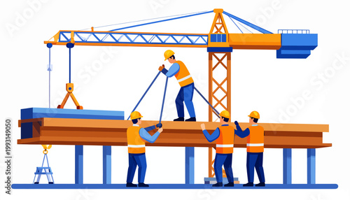Skilled construction team with a large crane lifting heavy beams, symbolizing teamwork, progress, and efficient infrastructure development