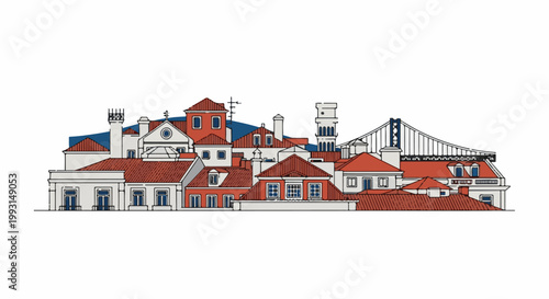 Stylized cityscape featuring red-tiled roofs and a suspension bridge