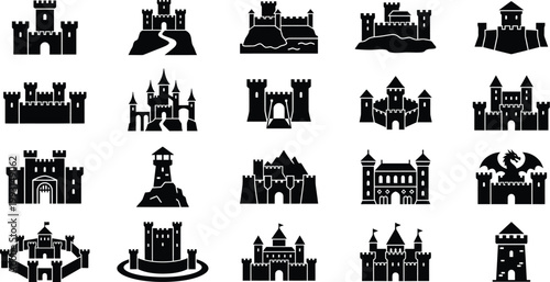 Historic building silhouettes collection, famous towers, churches and monuments icons set, architectural landmarks vector illustration isolated on clean background 
