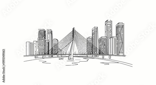 A sketched cityscape features a modern suspension bridge and tall buildings over water
