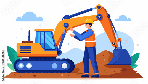 Construction Worker Operating an Excavator on a Building Site