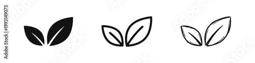 Green leaves icon set representing nature and ecology in solid, outline, and hand-drawn styles