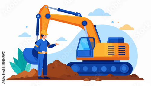 Construction worker operating a heavy-duty excavator on a site with piled dirt and blue sky, industry illustration