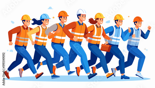 Team of construction workers in uniform running together with determination and safety gear, symbolizing collaboration and progress in the industry