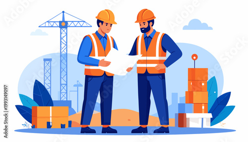 Construction professionals reviewing blueprints and discussing plans at a busy construction site with cranes and materials