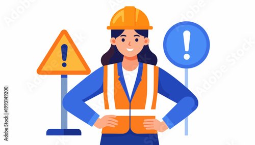 A female construction worker wearing a hard hat and safety vest stands confidently between warning signs, symbolizing safety and industry