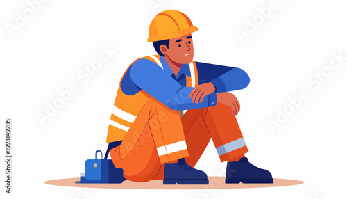 A construction worker takes a break from his hard work, sitting down to rest while wearing a hard hat and safety vest