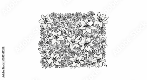 A dense, detailed, black and white drawing of a floral arrangement with lilies and roses