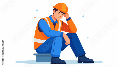 Stressed construction worker experiencing burnout and mental fatigue, sitting down in distress after a demanding day, reflecting the pressures of labor and job exhaustion